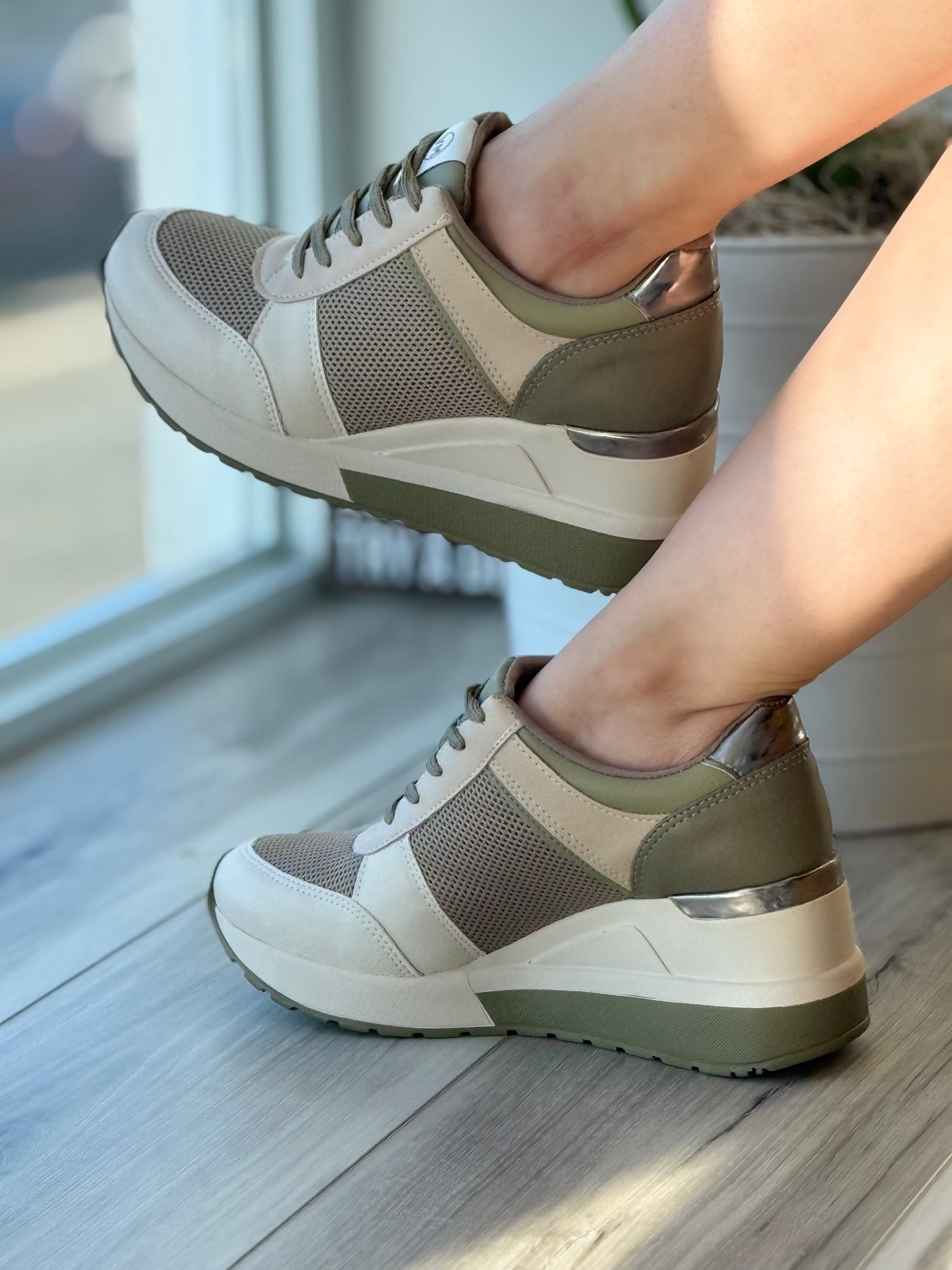 Gabrielle Militar Beige Heeled Sneaker - Stela The Shoetique