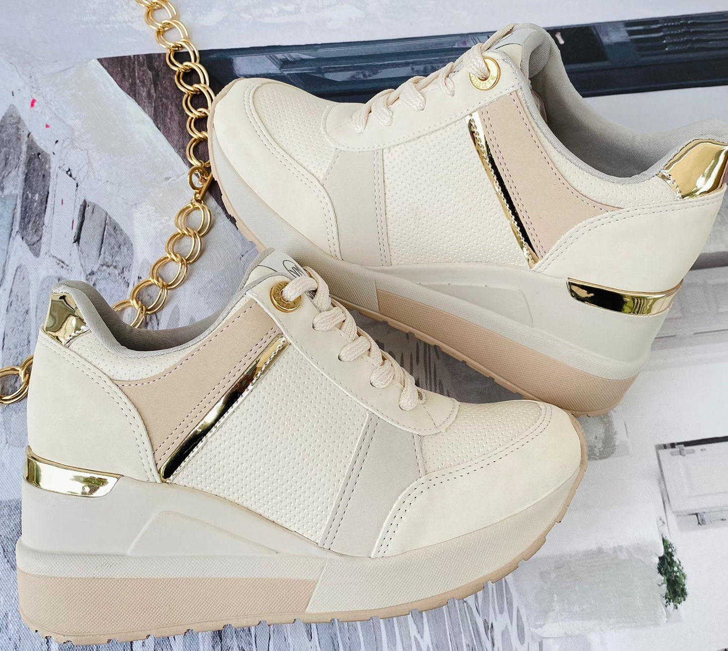 Kami Off White/Gold Heeled Sneaker