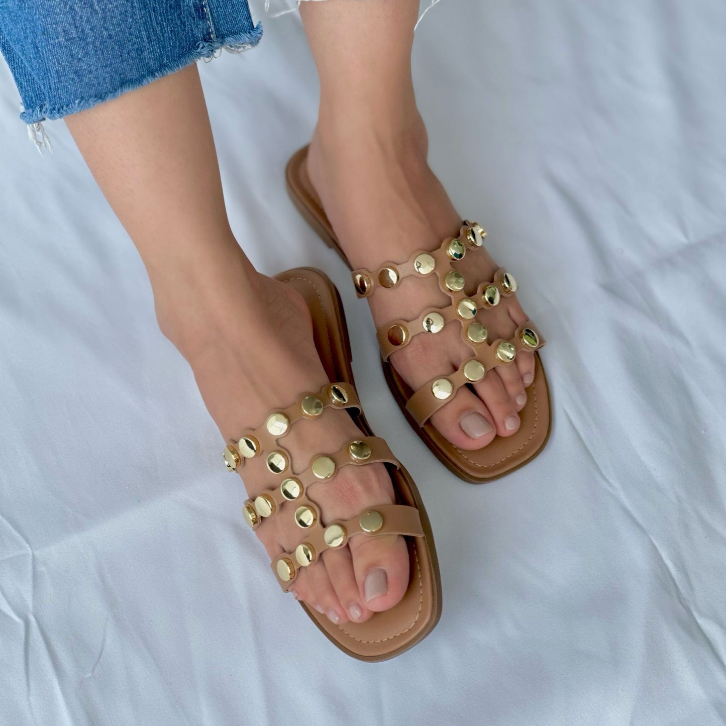 Dora studded camel flat