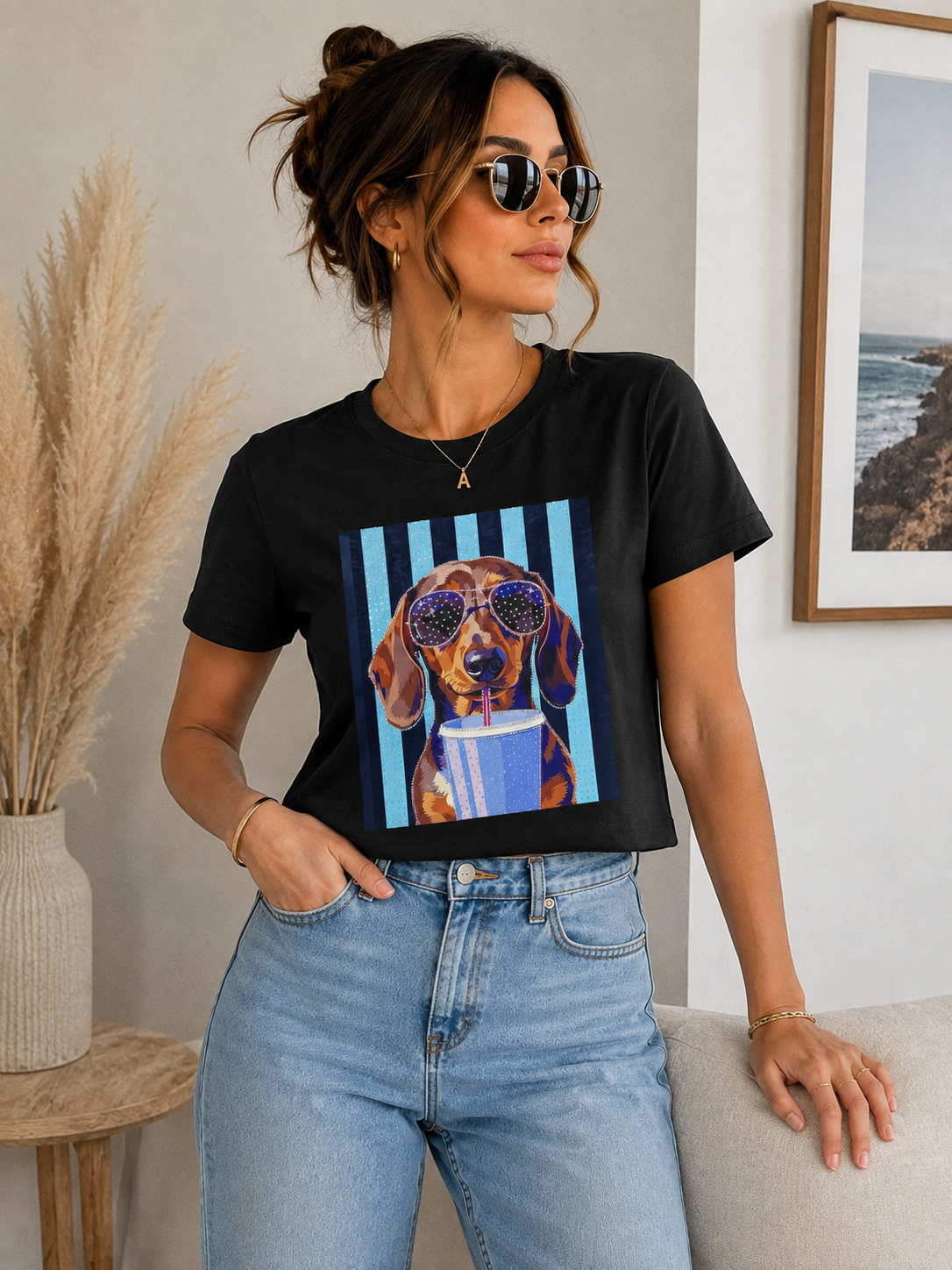 Rhinestone pup blackt-shirt