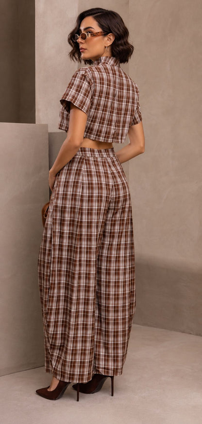 Wide leg plaid brown set