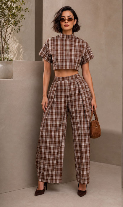 Wide leg plaid brown set