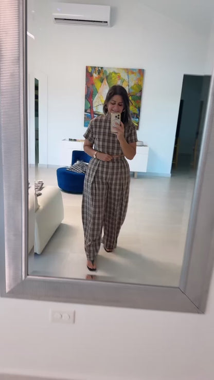 Wide leg plaid brown set